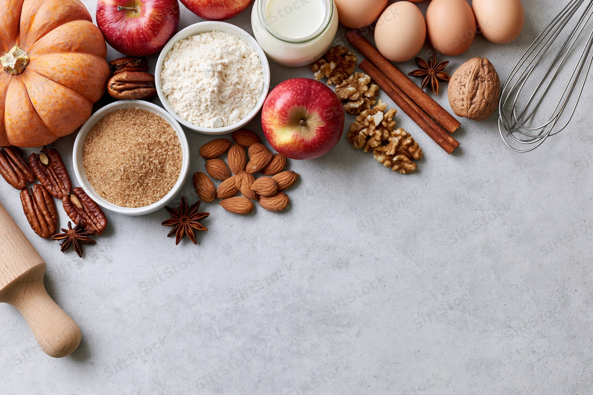 Baking ingredients arranged on a gray countertop with copyspace