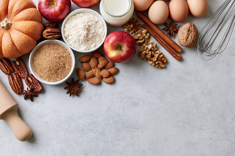 Baking ingredients arranged on a gray countertop with copyspace