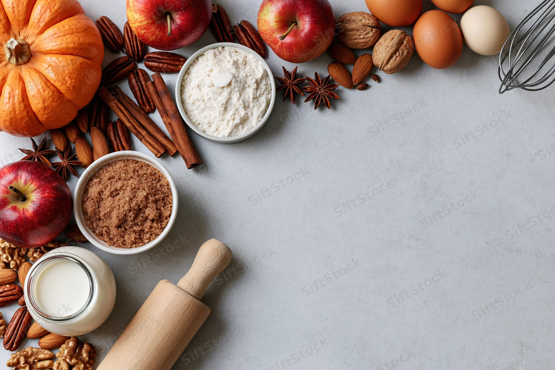 Baking ingredients arranged along the top of a gray countertop with copyspace below