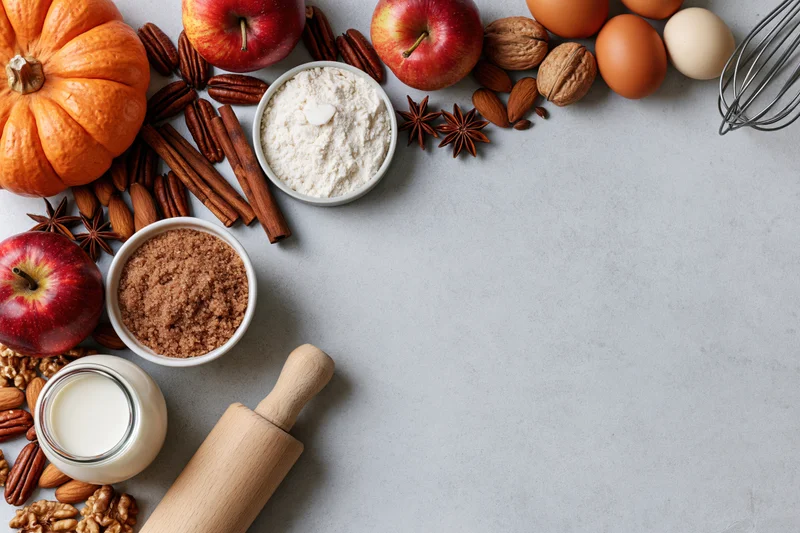 Baking ingredients arranged along the top of a gray countertop with copyspace below