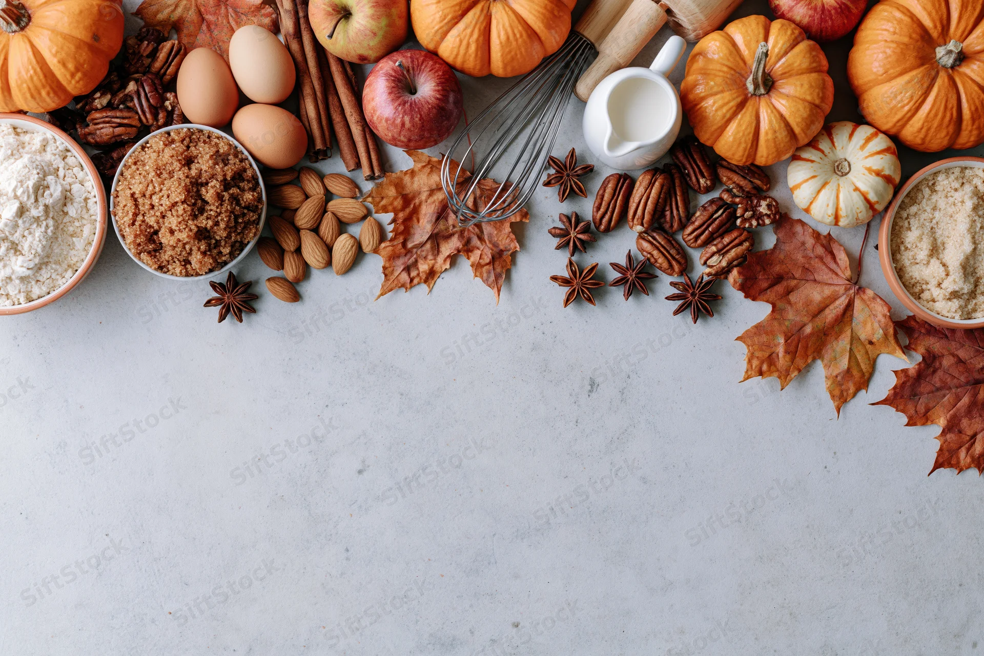 Autumn baking ingredients arranged along top of light countertop with copyspace below
