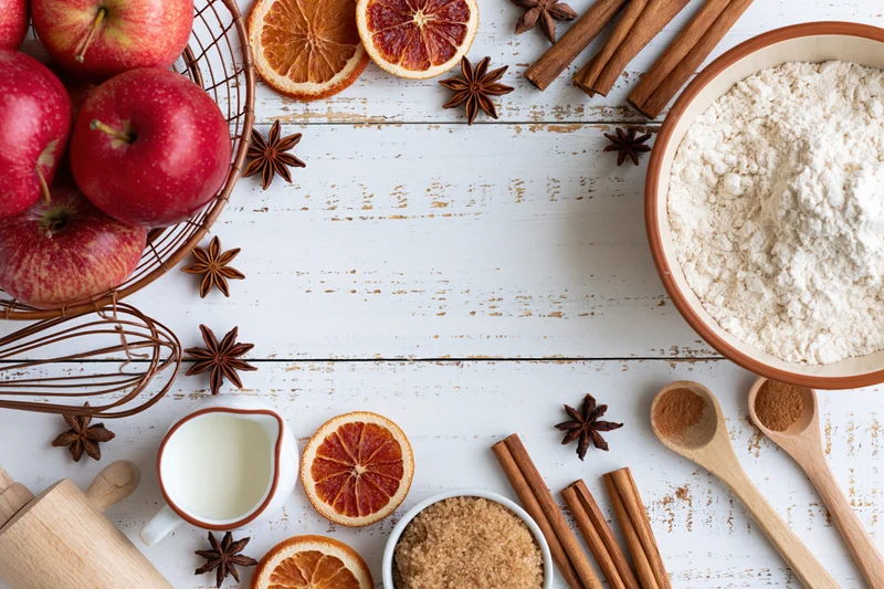 Baking ingredients arranged on a white wooden surface with copyspace in center
