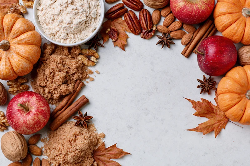 Autumn ingredients arranged around a white marble surface with copyspace in center