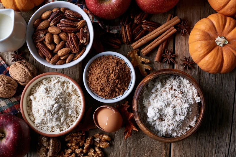 Autumn baking ingredients arranged on wooden table with pumpkins, apples, nuts, spices and bowls of flour and sugar