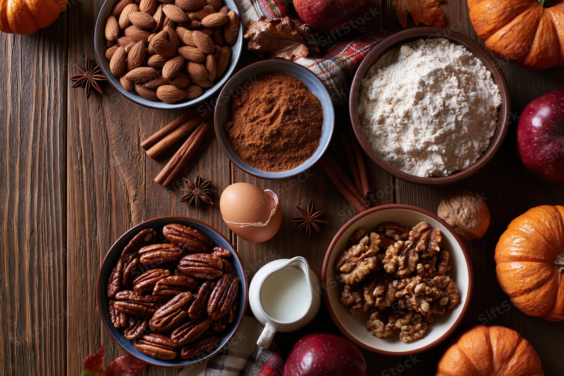 Autumn baking ingredients arranged on wooden table with pumpkins and apples