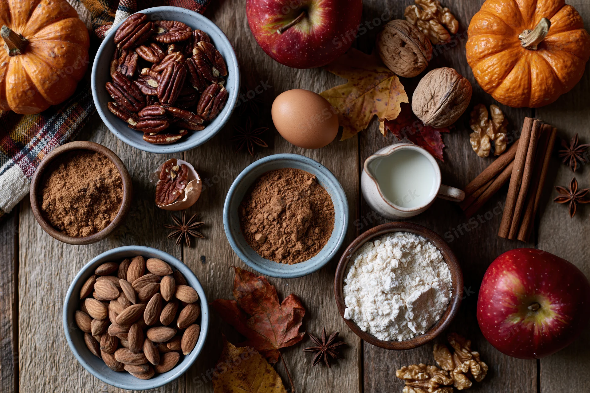 Autumn baking ingredients arranged on a rustic wooden table with pumpkins, apples, nuts, spices and flour