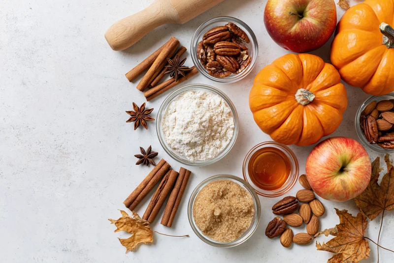 Autumn baking ingredients arranged on a white countertop with pumpkins, apples, cinnamon, nuts and spices
