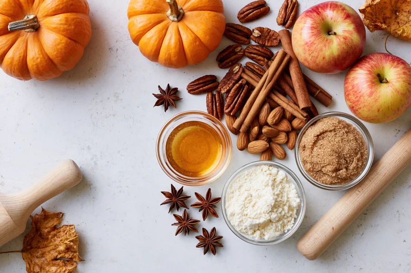 Autumn ingredients including pumpkins, apples, cinnamon, nuts, honey, sugar and flour arranged on a white countertop with rolling pins and dried leaves