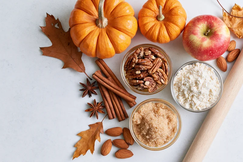 Pumpkins, apples, cinnamon sticks, nuts, flour, sugar, and a rolling pin arranged on a white countertop for autumn baking