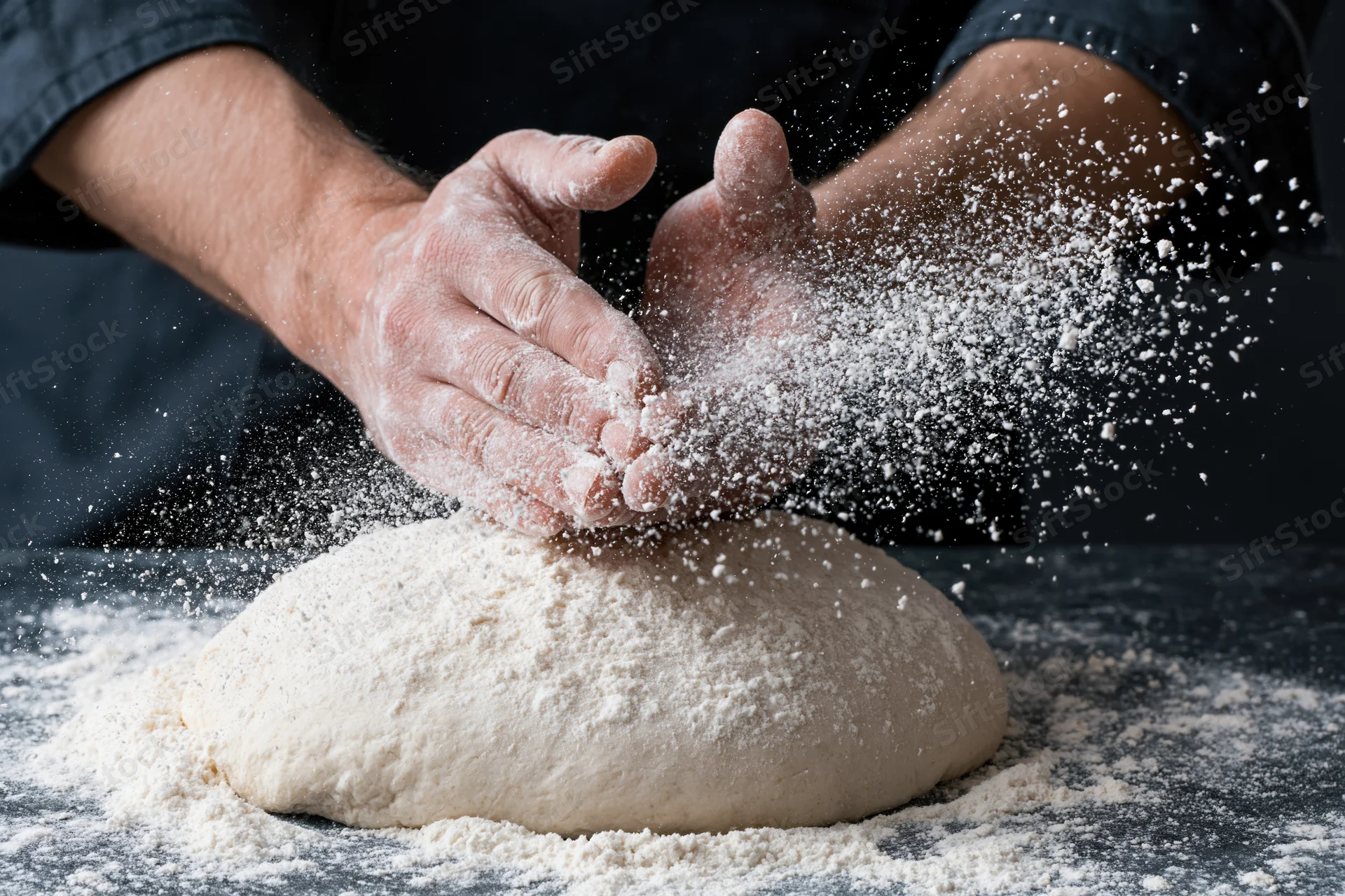 Hands kneading dough with flour sprinkling on dark countertop