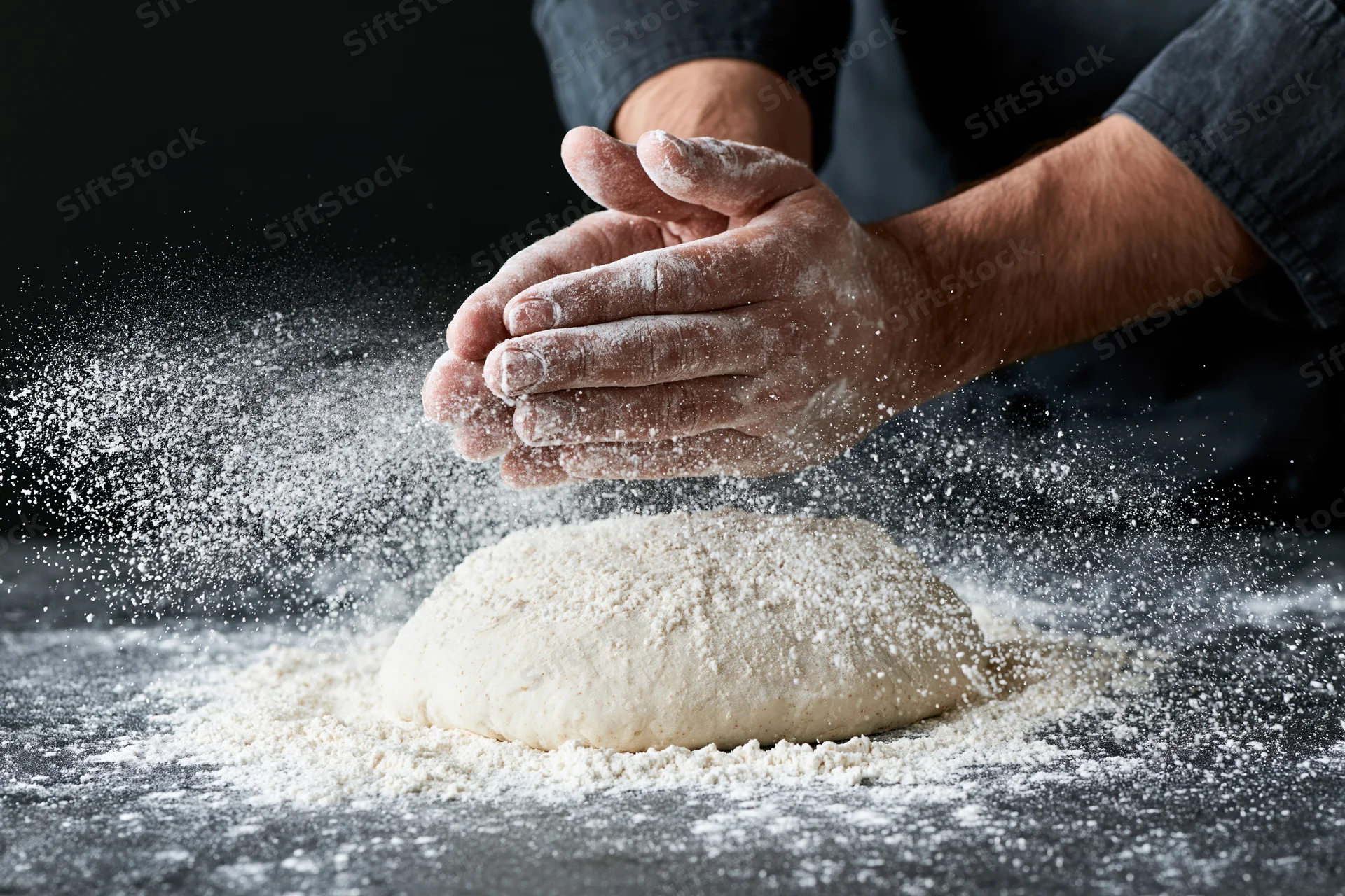 Hands sprinkling flour over a dough ball on a dark countertop