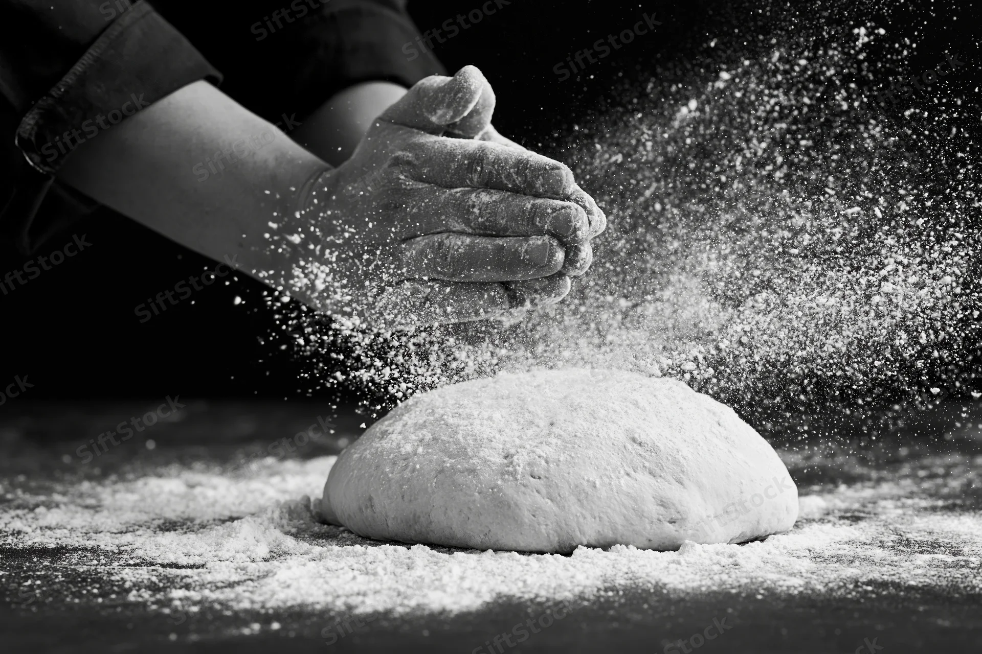 Hands clapping flour over a ball of dough on a dark surface