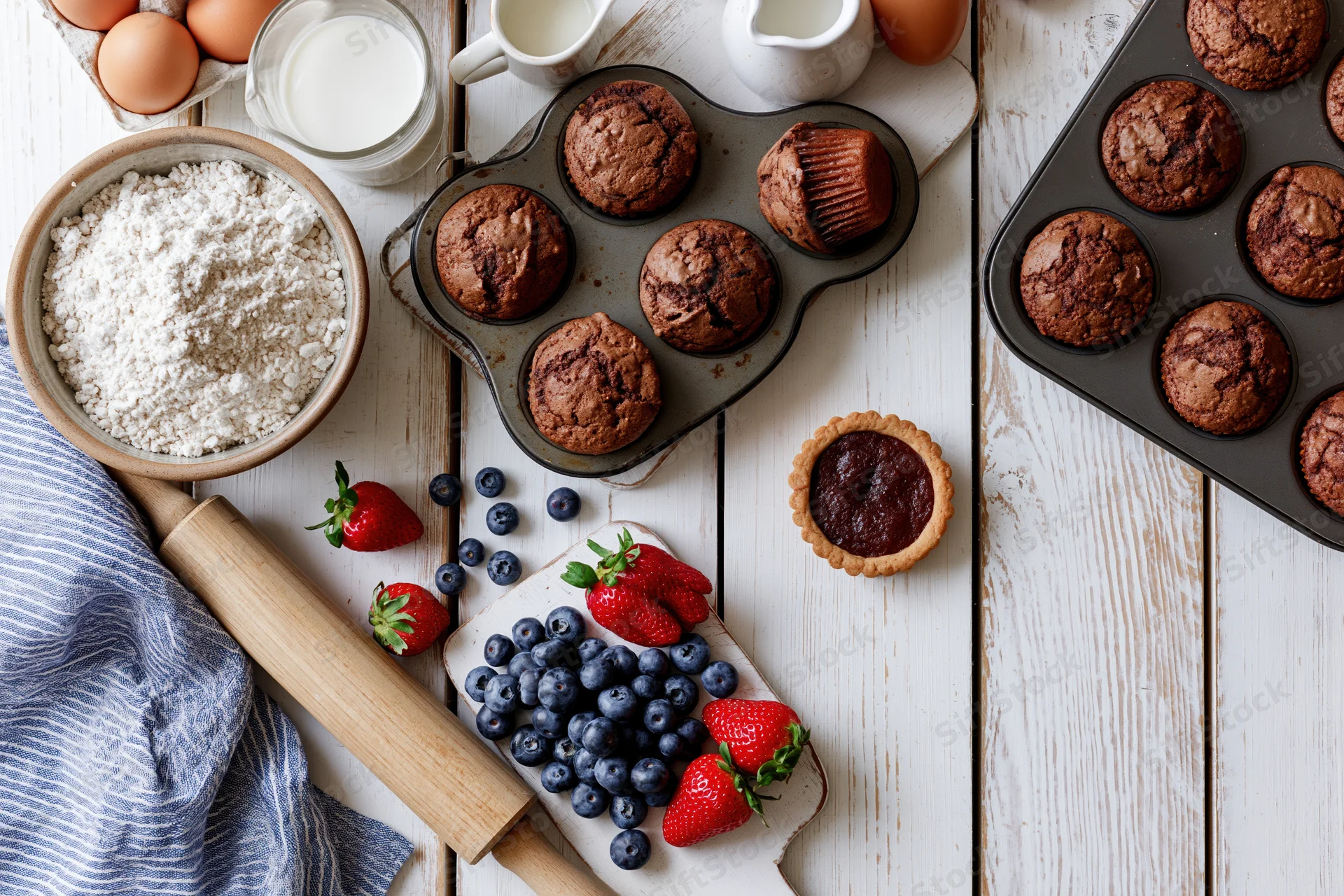 Chocolate muffins and fresh berries arranged with baking ingredients on a white wooden countertop