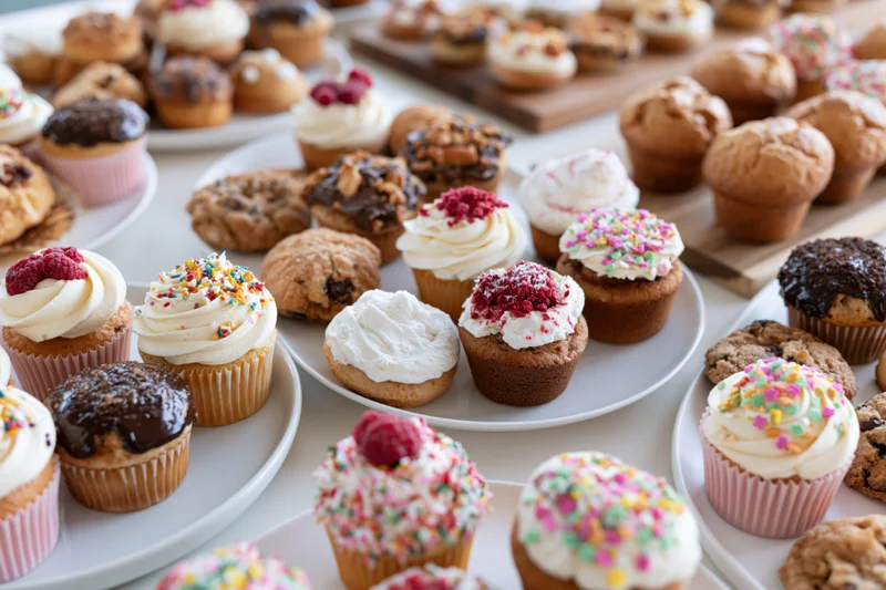 Assorted cupcakes with frosting and toppings arranged on white plates on a table