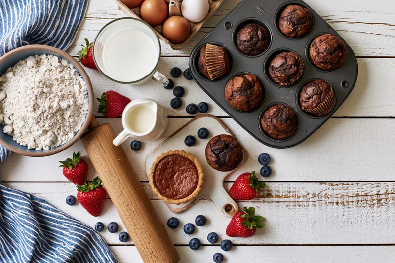 Chocolate muffins and baking ingredients arranged on a white wooden table with strawberries and blueberries