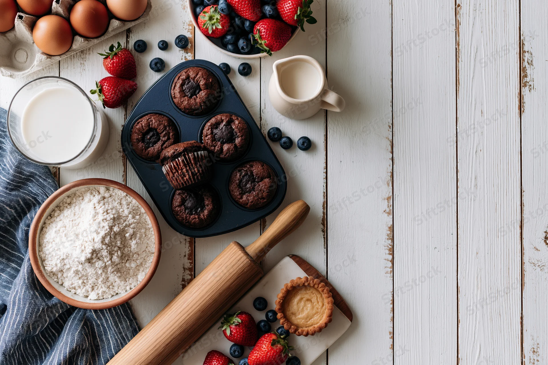 Chocolate muffins with fresh berries and baking ingredients arranged on a white wooden table