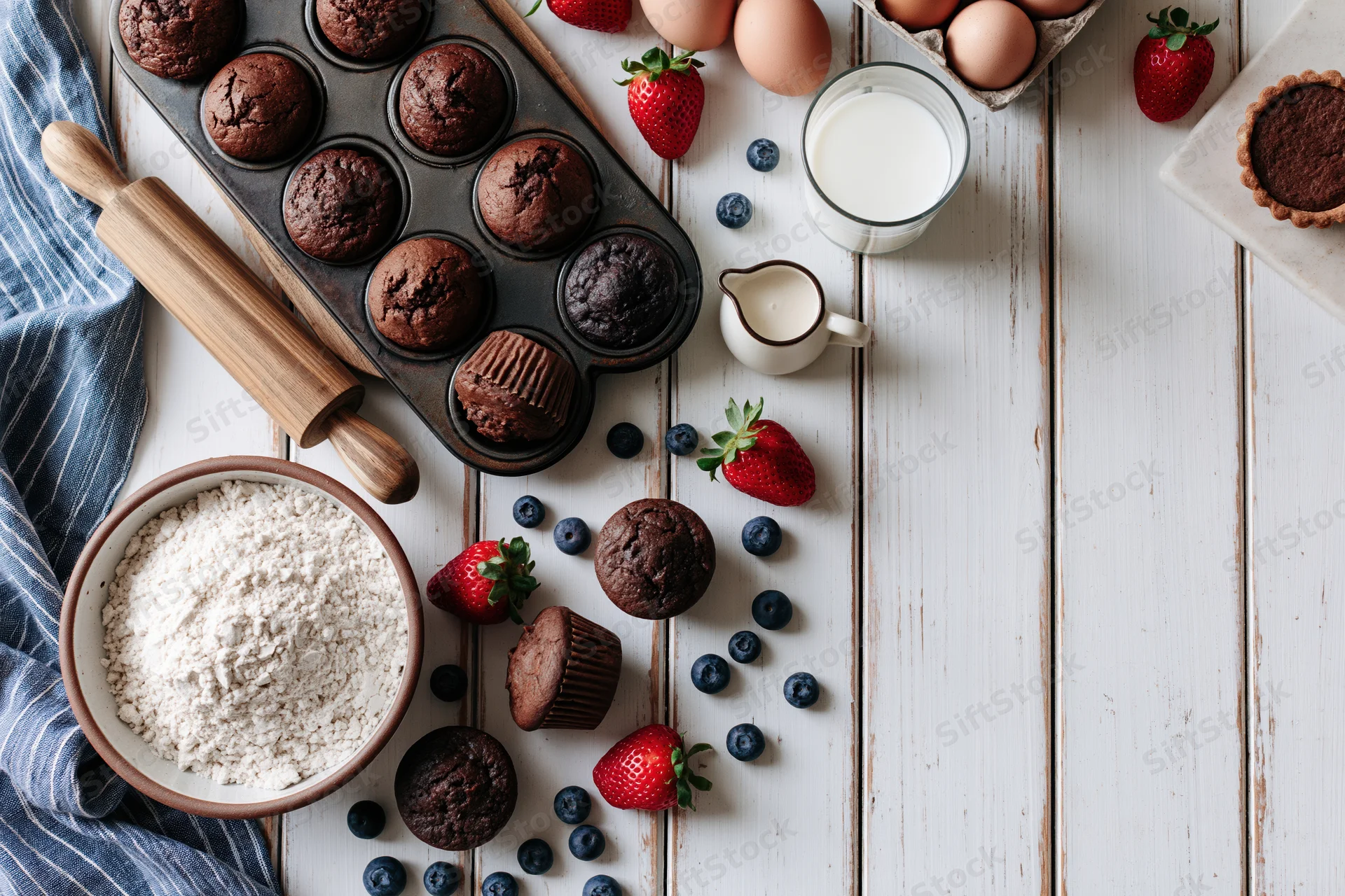 Chocolate muffins arranged with fresh berries, milk, flour, and baking tools on a white wooden table