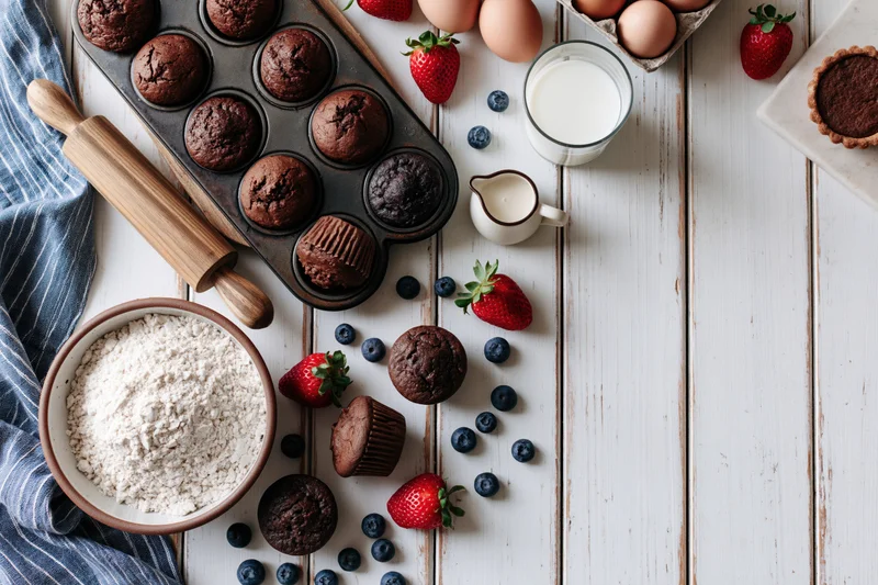 Chocolate muffins arranged with fresh berries, milk, flour, and baking tools on a white wooden table