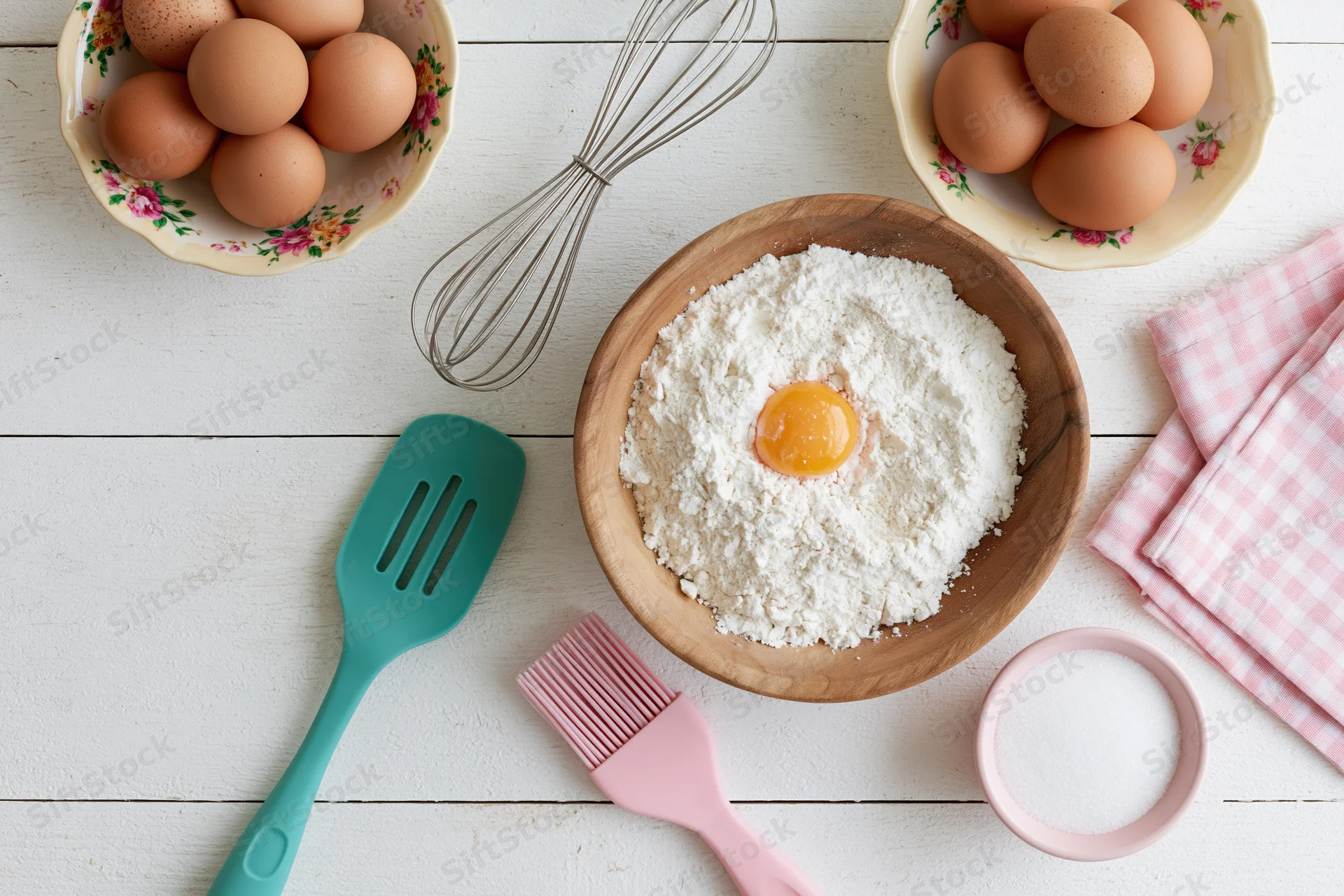 Flour and egg in a wooden bowl surrounded by baking tools and ingredients on a white table