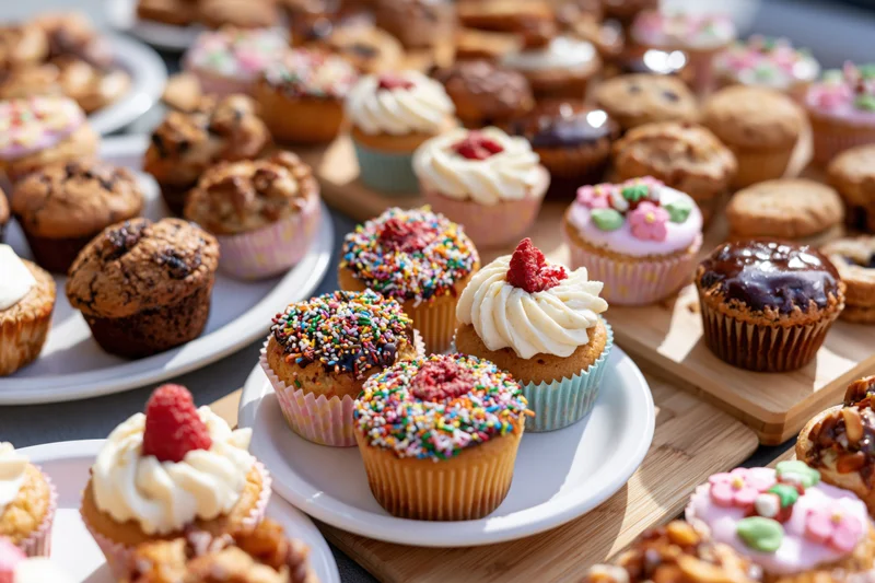 Assorted cupcakes with frosting and sprinkles arranged on plates and wooden trays