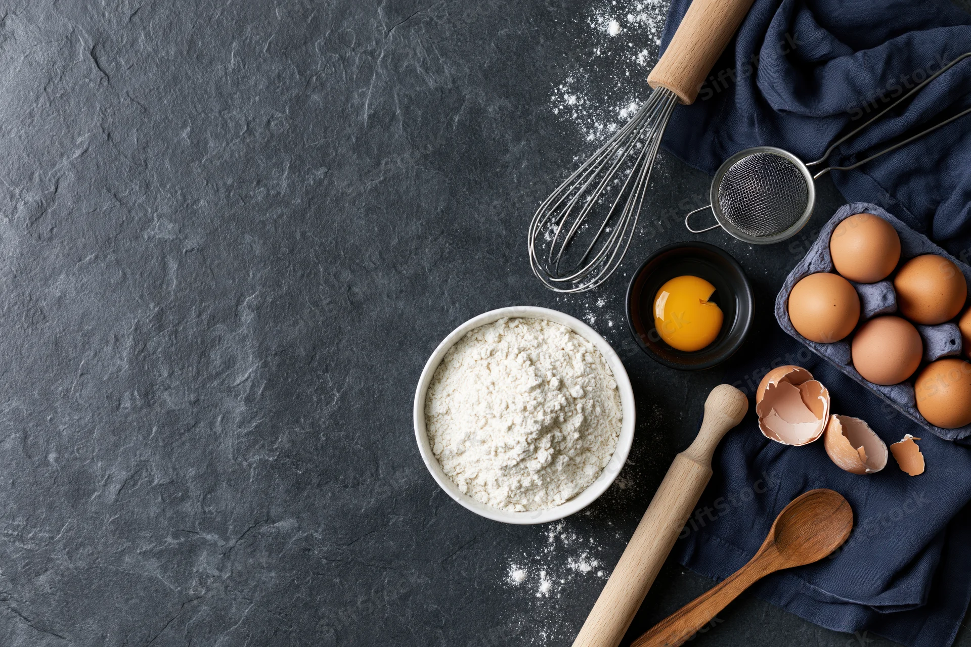 Baking ingredients arranged on dark textured surface with copyspace