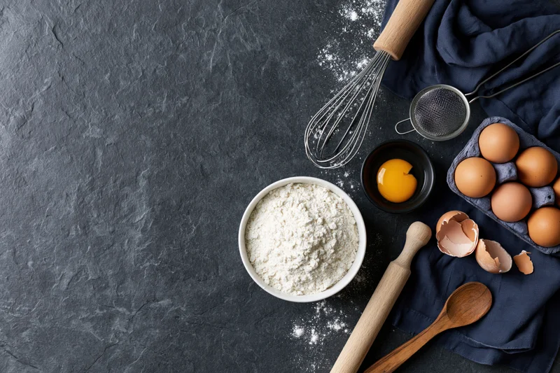 Baking ingredients arranged on dark textured surface with copyspace