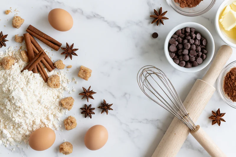 Baking ingredients arranged on a marble countertop with utensils and spices