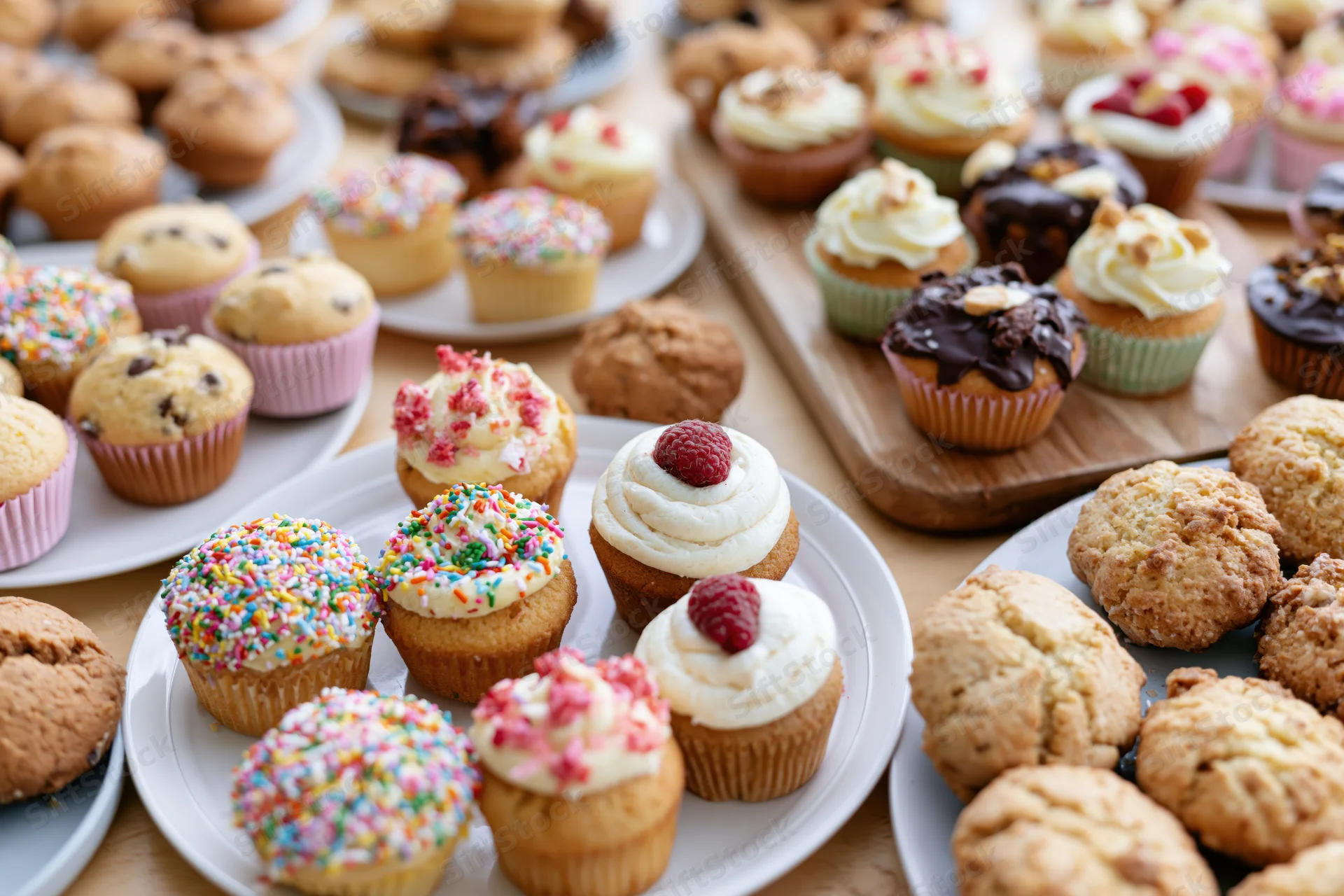 Assorted cupcakes and muffins with frosting and toppings arranged on plates and trays on a wooden table