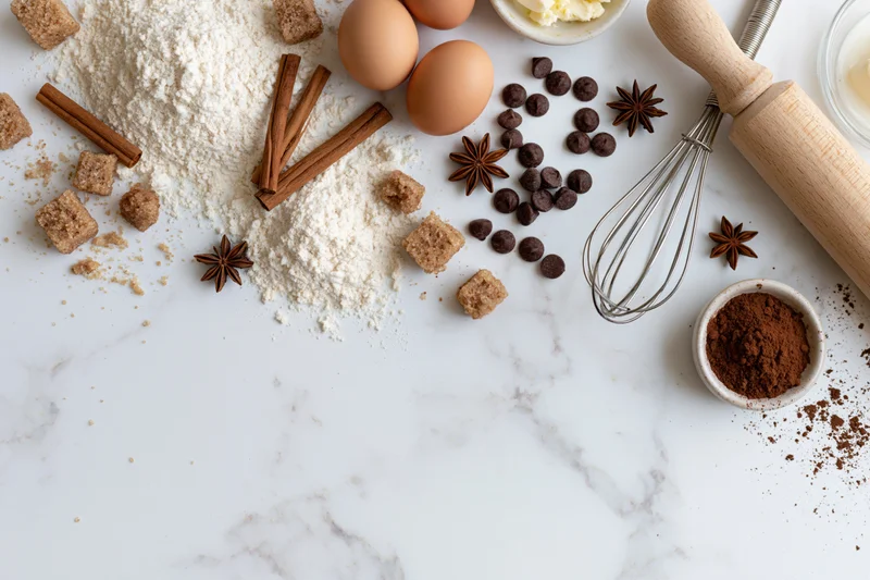 Baking ingredients arranged on a marble countertop with copyspace