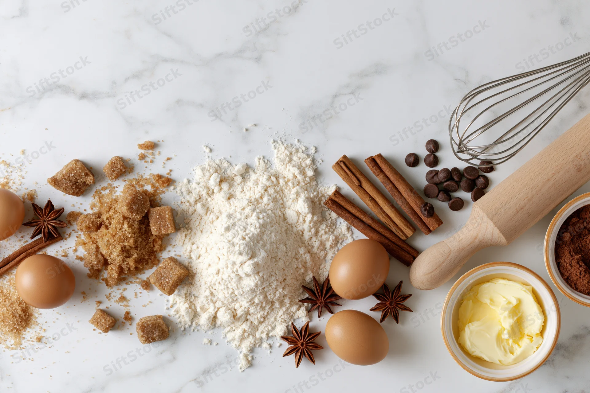 Baking ingredients arranged on a marble countertop including flour, eggs, sugar, cinnamon, star anise, chocolate, butter, whisk and rolling pin