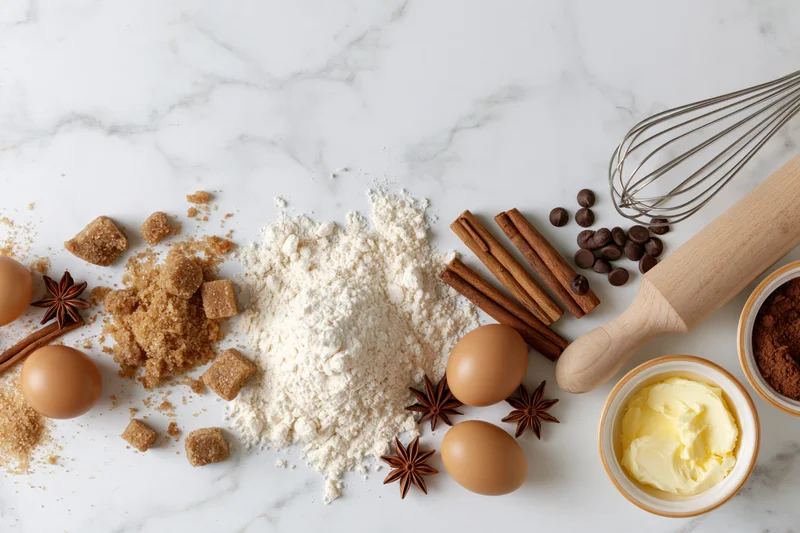 Baking ingredients arranged on a marble countertop including flour, eggs, sugar, cinnamon, star anise, chocolate, butter, whisk and rolling pin