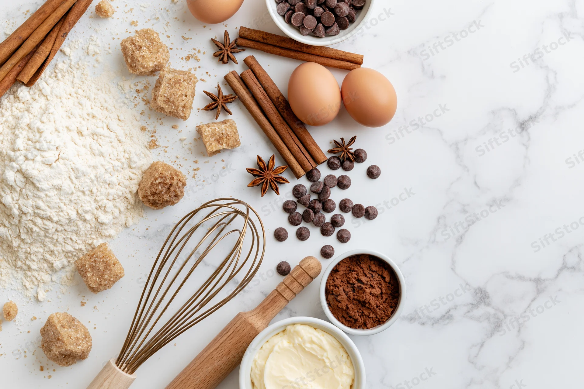 Baking ingredients arranged on a marble countertop with utensils and copyspace