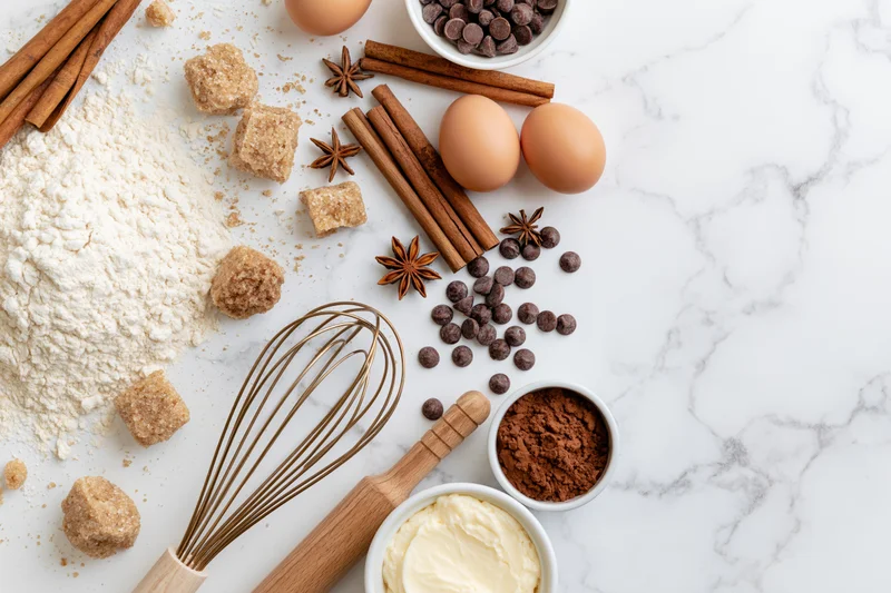 Baking ingredients arranged on a marble countertop with utensils and copyspace