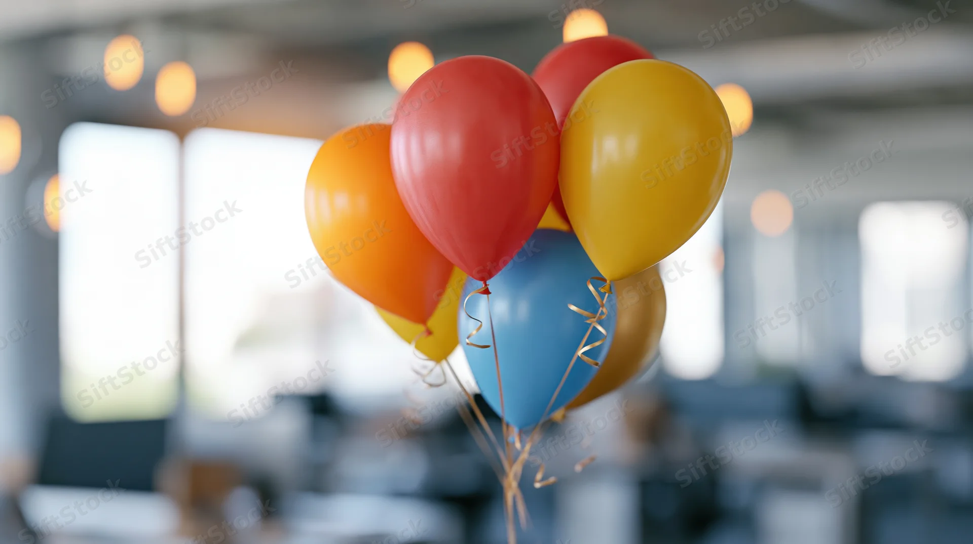 Colorful balloons floating in a modern office interior