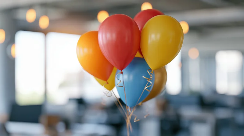 Colorful balloons floating in a modern office interior