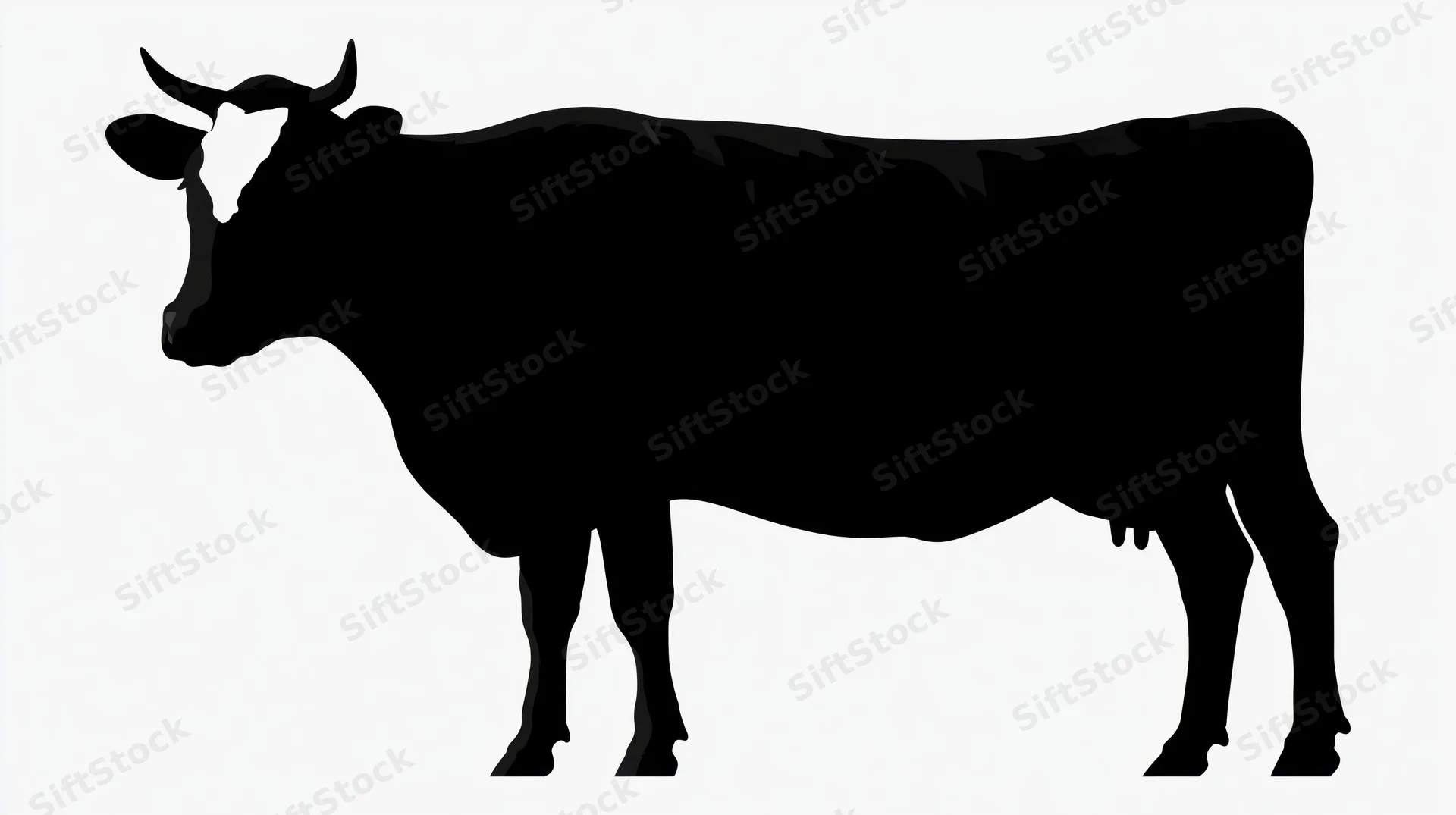 Black silhouette of a cow standing in profile on white background