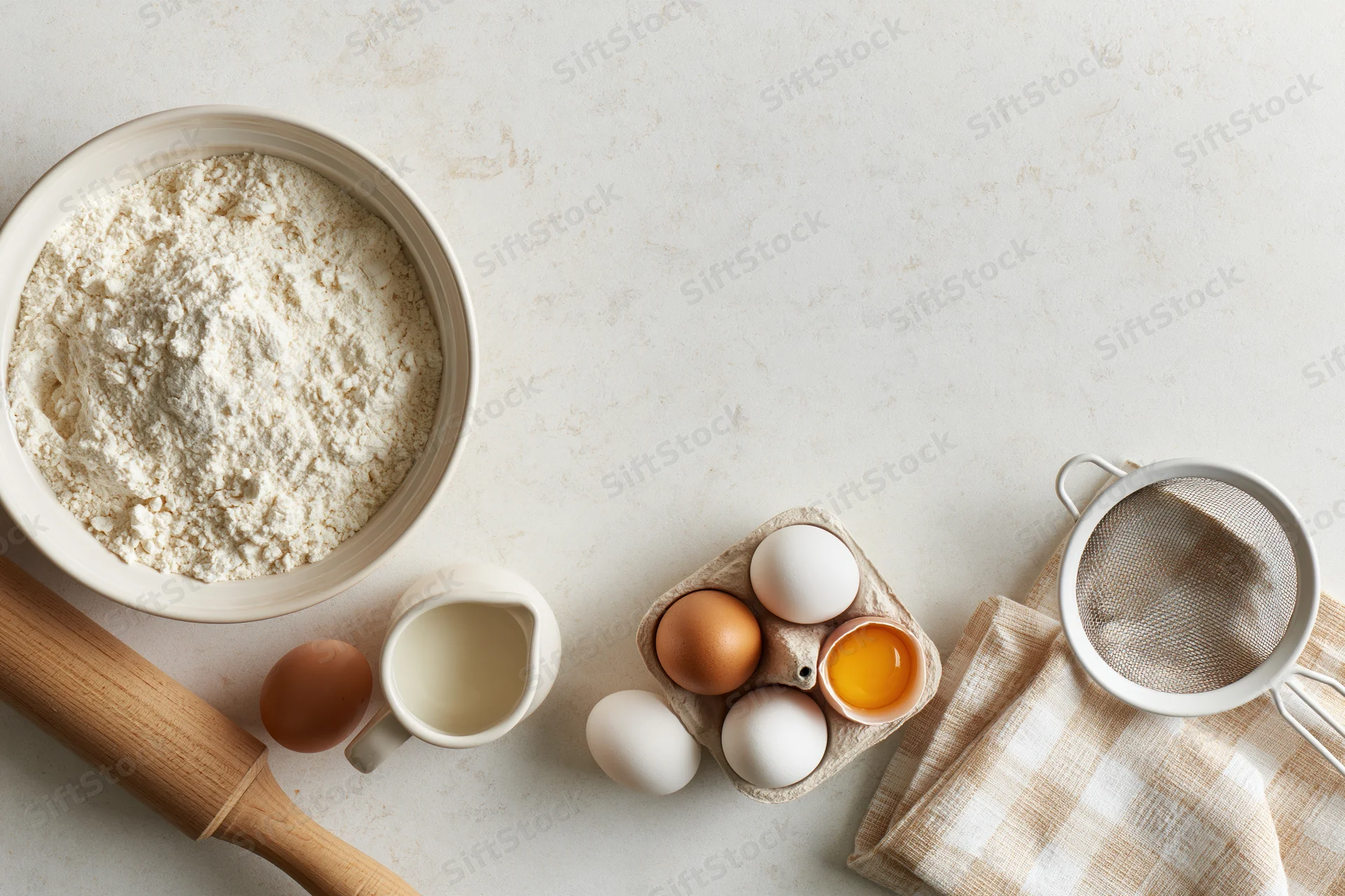 Baking ingredients arranged on a countertop with rolling pin, sieve, and checkered cloth