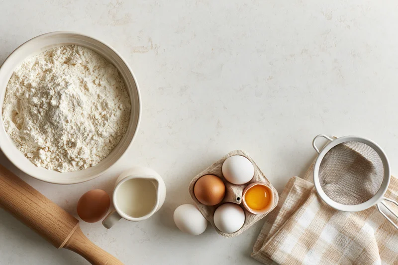 Baking ingredients arranged on a countertop with rolling pin, sieve, and checkered cloth