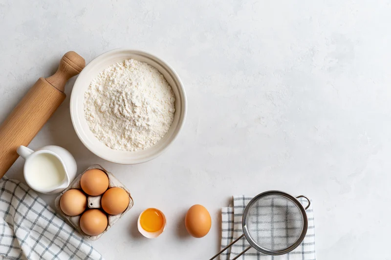 Baking ingredients arranged on a white countertop with rolling pin, sieve, and checkered cloth
