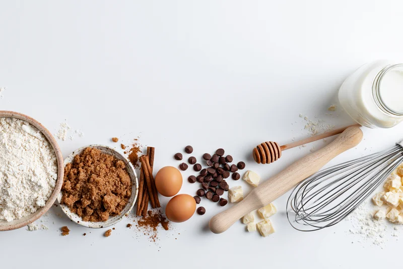Baking ingredients arranged in a flat lay on white surface with copyspace