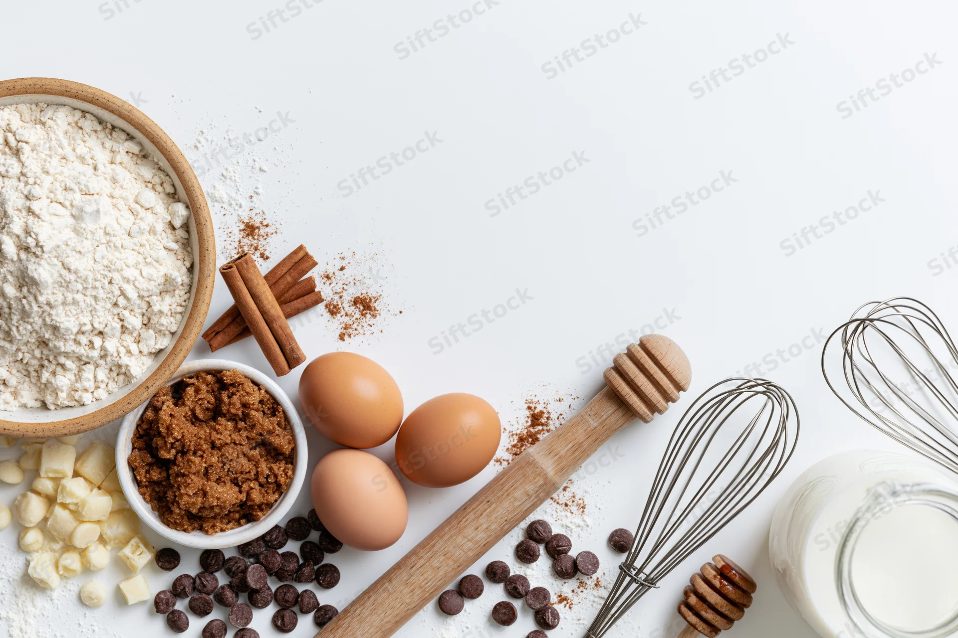 Baking ingredients arranged on white surface with copyspace for recipe or product display