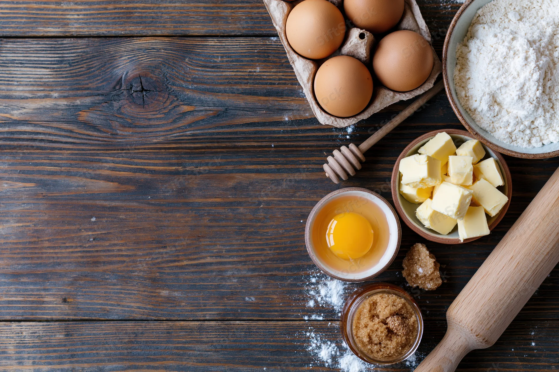 Baking ingredients arranged on a dark wooden table with copyspace on the left