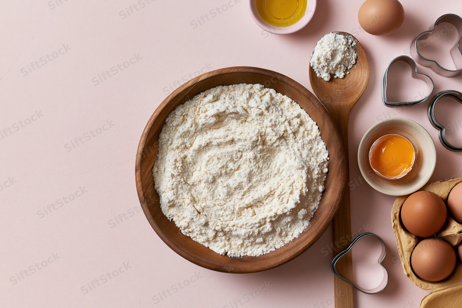 Flour in a wooden bowl with eggs, oil, and heart-shaped cookie cutters on a pink surface