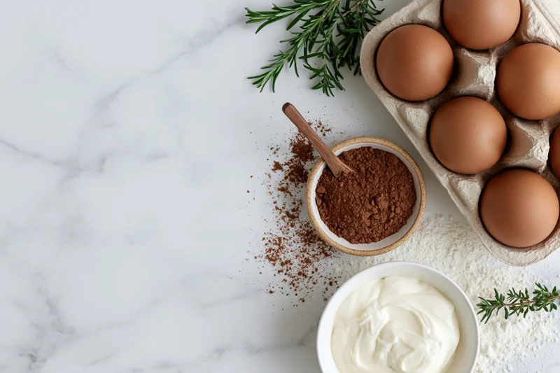 Baking ingredients including eggs, cocoa, flour, yogurt and rosemary arranged on a marble countertop