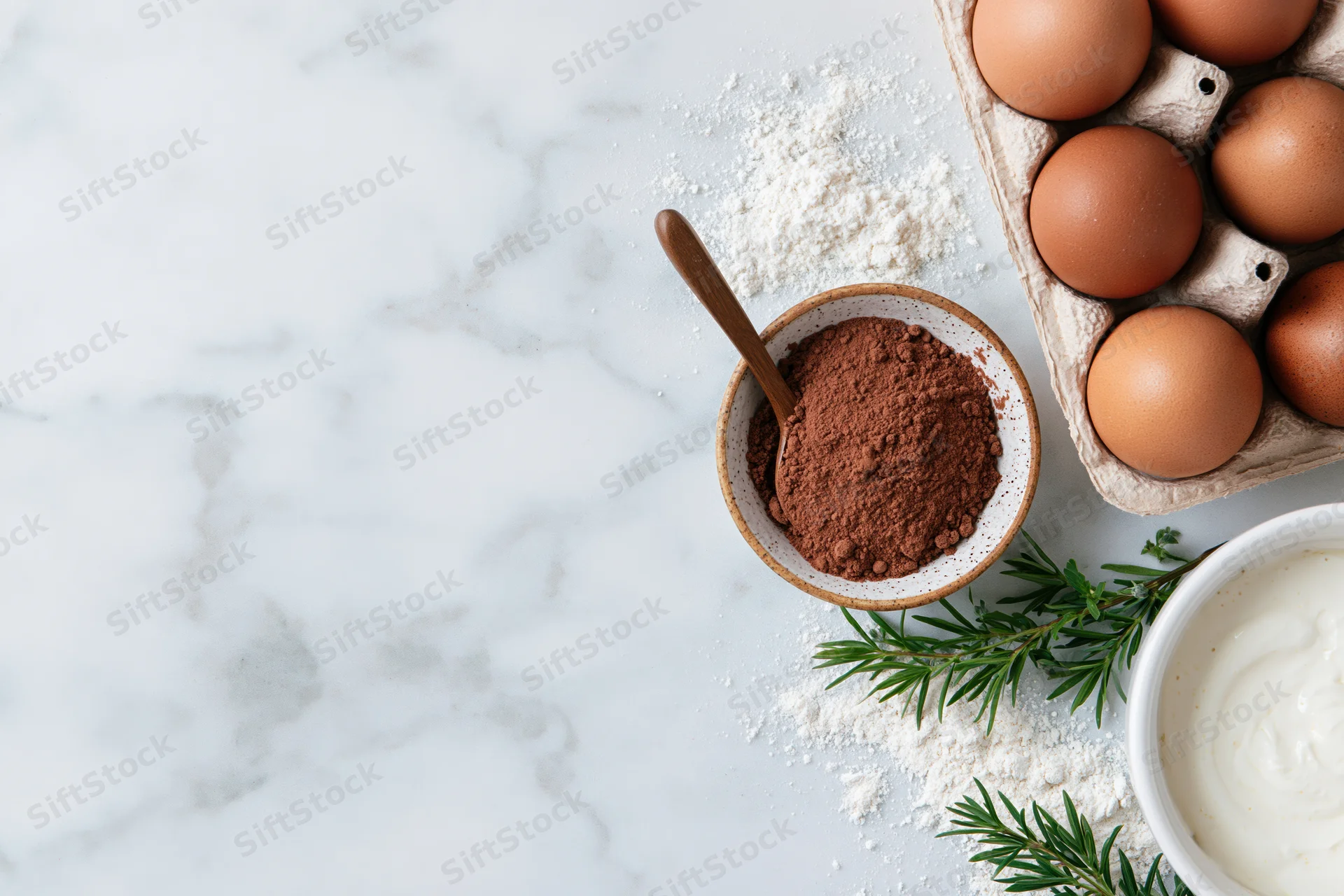 Cocoa powder, eggs, flour and yogurt arranged on a marble countertop with rosemary sprigs for baking preparation