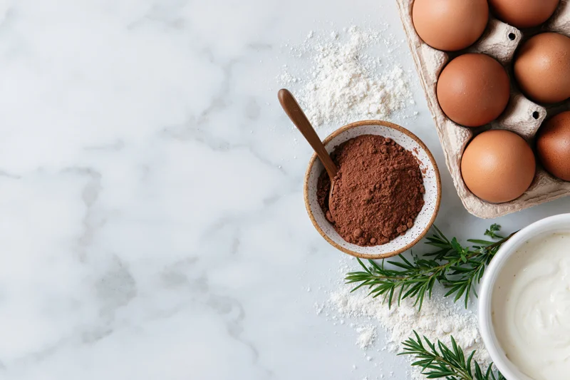 Cocoa powder, eggs, flour and yogurt arranged on a marble countertop with rosemary sprigs for baking preparation