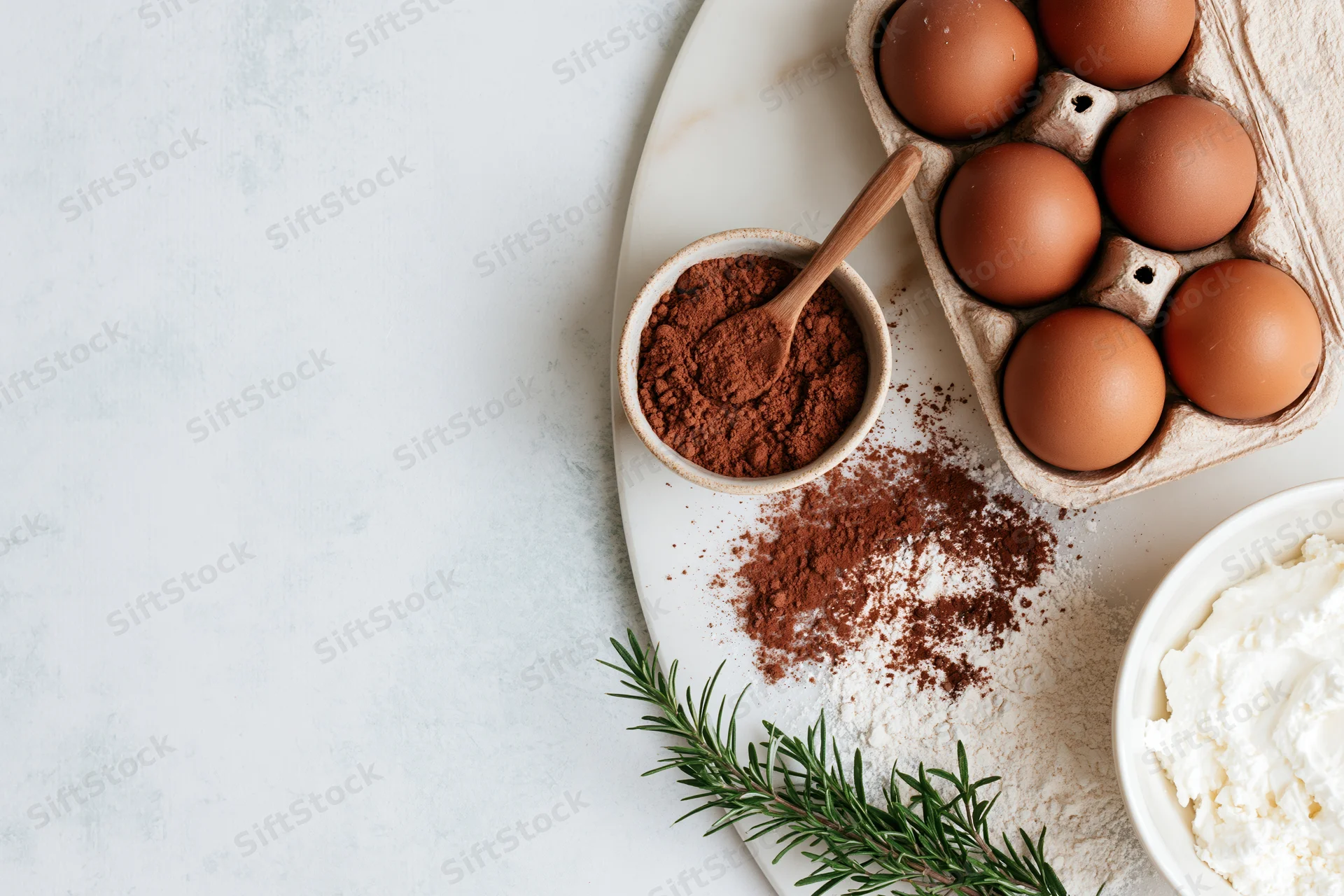 Eggs and baking ingredients arranged on a marble surface with copyspace