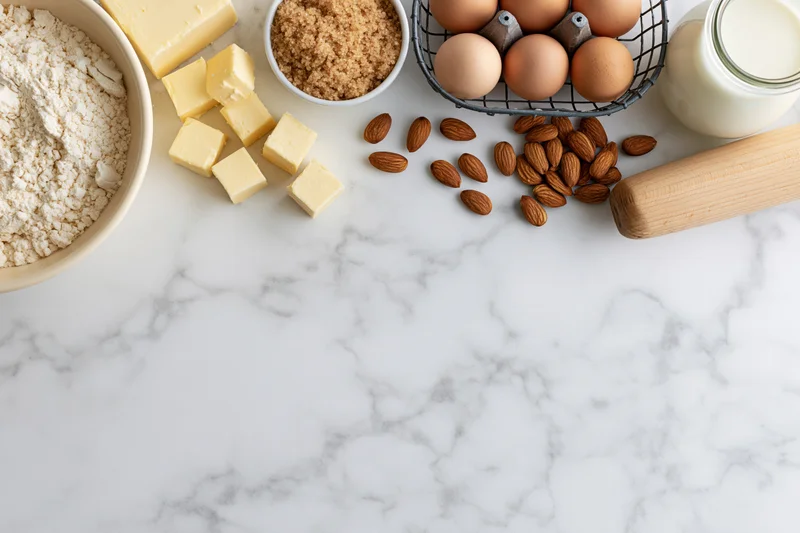 Baking ingredients arranged on a marble countertop with copyspace