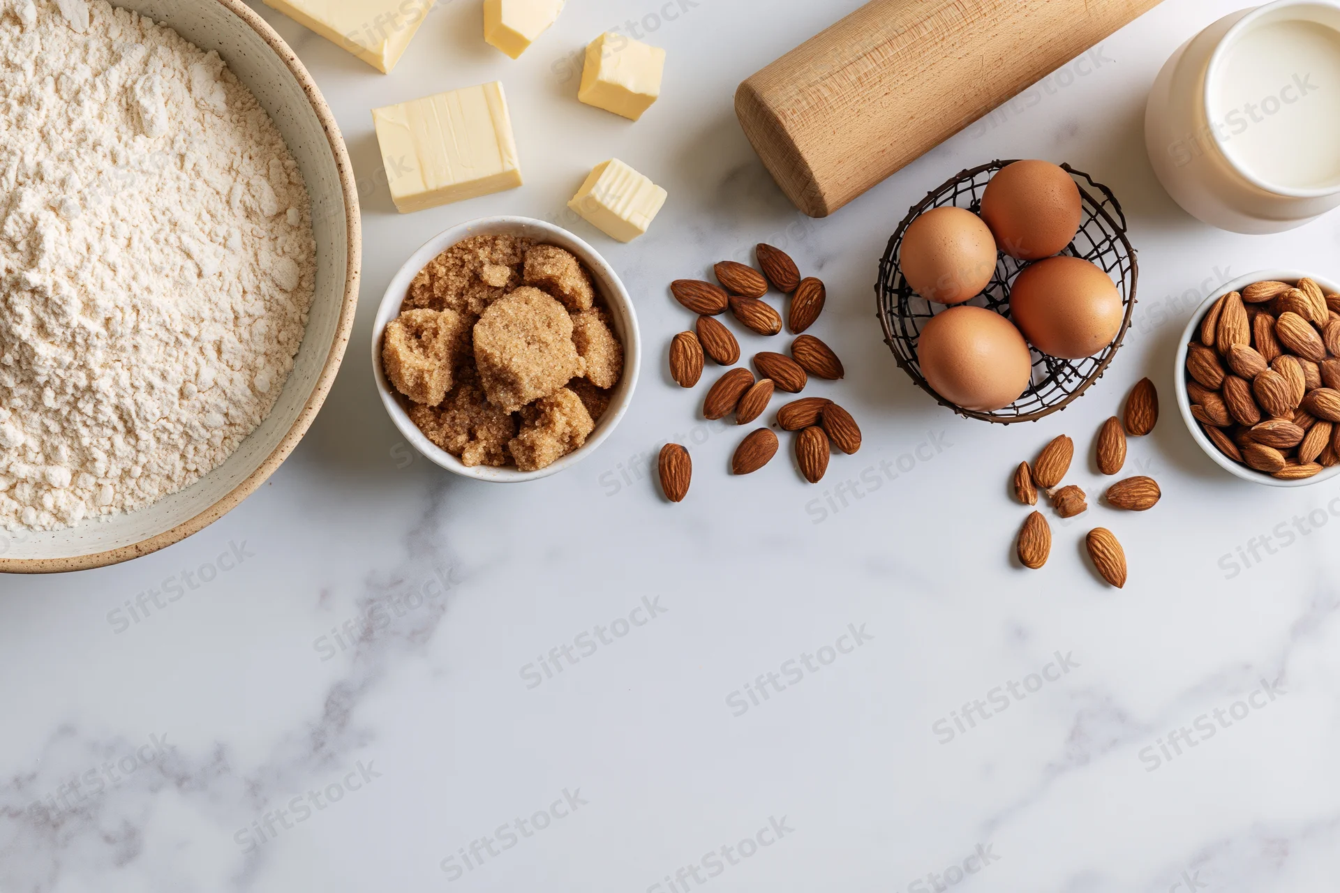 Baking ingredients arranged on a marble countertop with copyspace