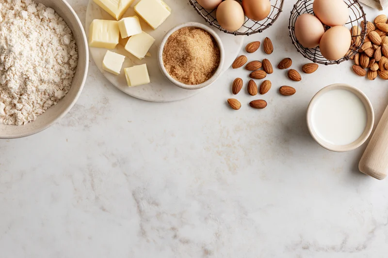 Baking ingredients arranged on a marble countertop with copyspace